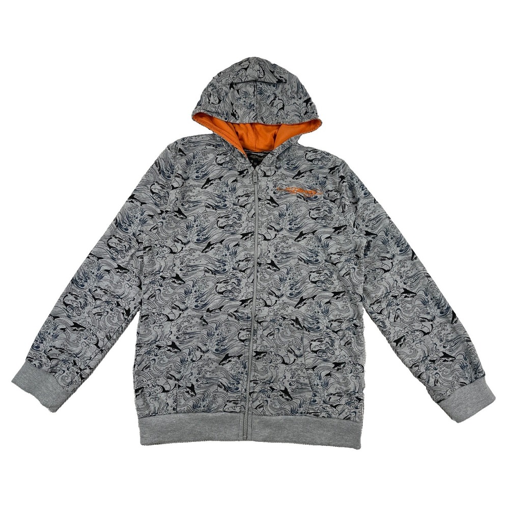 Ed Hardy Shark Ocean AOP Full Zip Hoodie Youth Size 15/16 Gray Y2K Style
